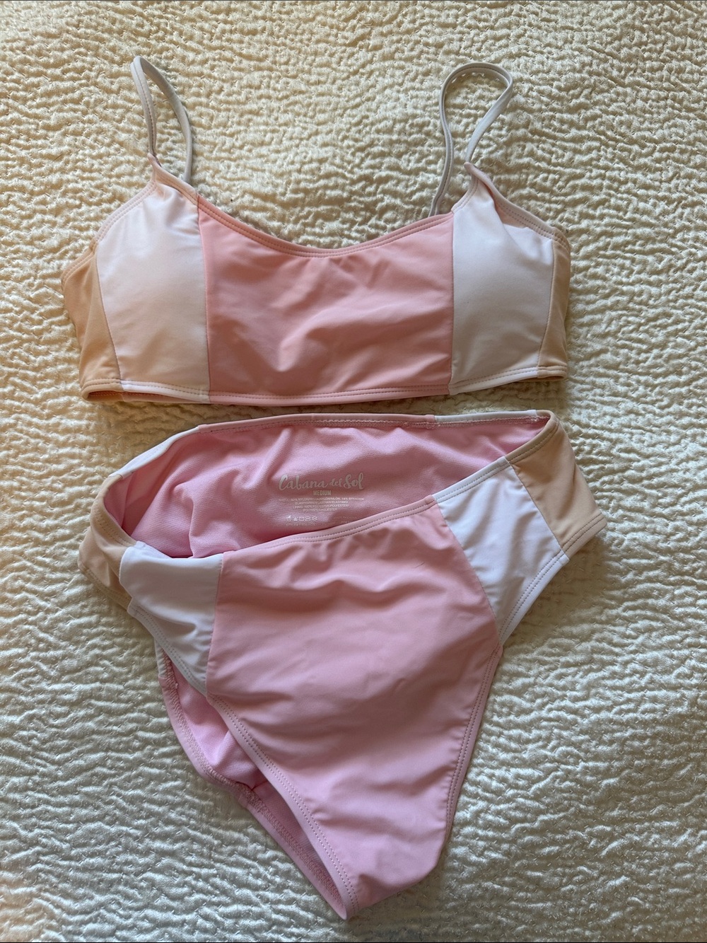 Cabana del Sol Pink, White & Beige Colorblock Bikini Set - size Medium